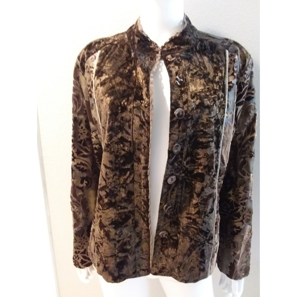Chico's Jacket Blazer Size L or 2 Soft Brown Floral Velvet Career Casual  Brown